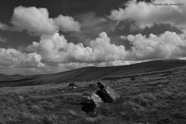 A view towards Cardigan from the Preseli Hills in old style B & W